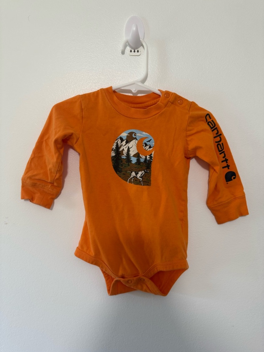 Carhartt Orange Long Sleeve Baby Bodysuit with Nature Graphic